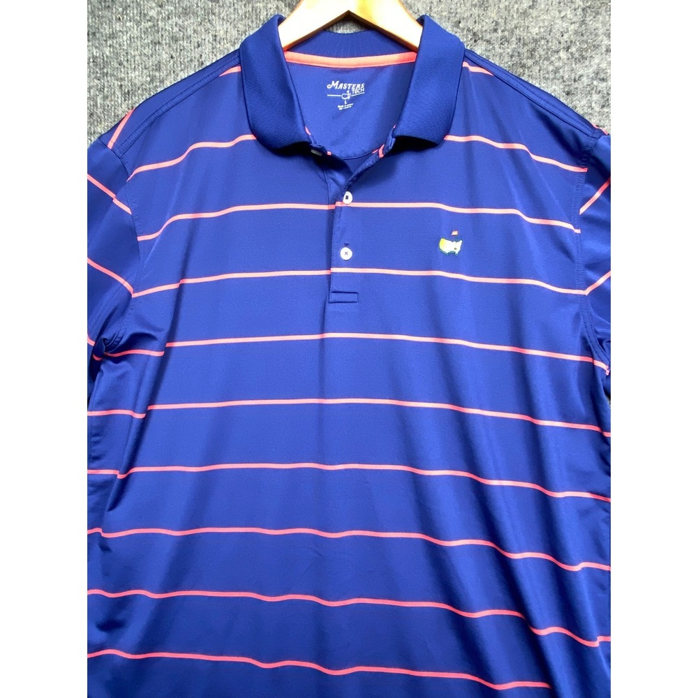 Masters Tech Golf Polo Shirt Mens Large Blue Pink‎ Striped Augusta National Logo